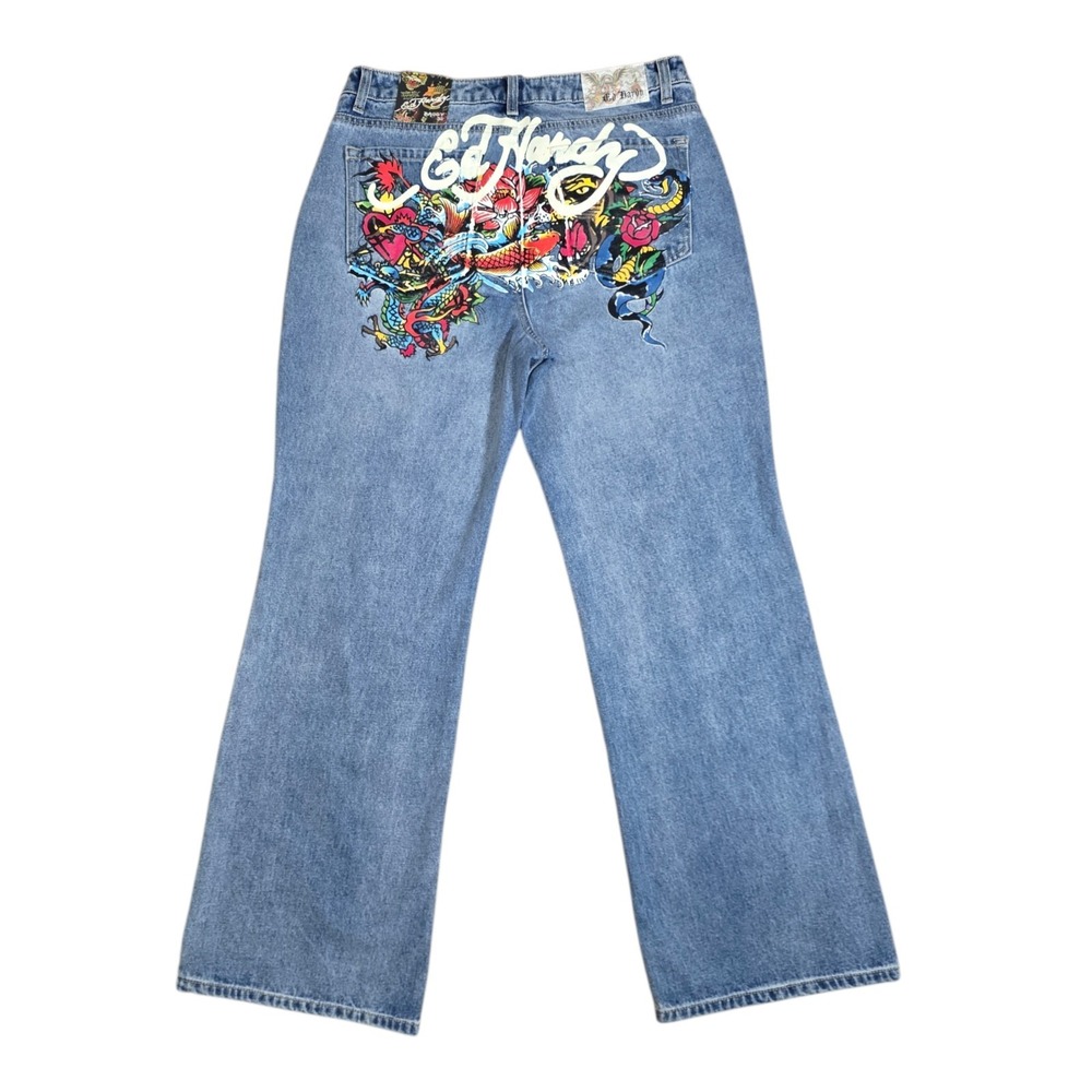 Ed Hardy Womens 32 Baggy Wide Leg Jeans NWT Y2K Tattoo Graphic Denim